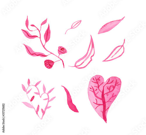 Watercolour Set pink eucalyptus for Valentine 's Day. Botanical illustration on white isolated background hand drawn. Design for cards, social media, wrapping paper, prints, web, wallpaper, packaging.