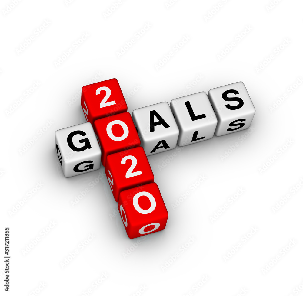 2020 Year Goals Sign. 3D cubes crossword puzzle on white background. 2020 Year Goals Sign. 3D cubes crossword puzzle on white background.
