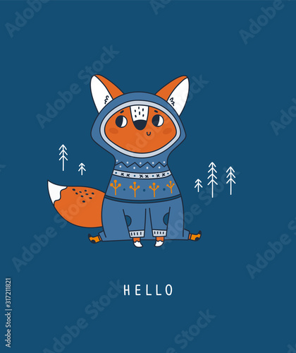 Cute fox in sweater with scandinavian, nordic ornament. Adorable foxy animal baby in forest. Hello card. Childish animal character vector illustration. Ideal for cards, poster, decoration, textile