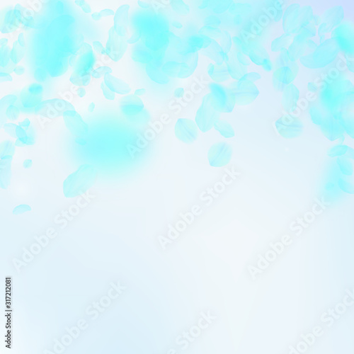 Turquoise flower petals falling down. Pleasing rom