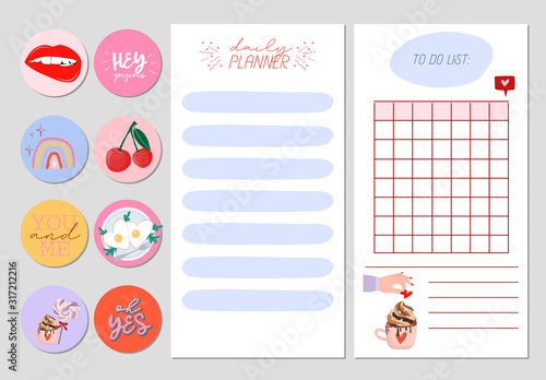 Collection of weekly or daily planner, note paper, to do list, stickers templates decorated by cute romantic elements and human hands illustrations and lovely typography quote. Vector Illustration.