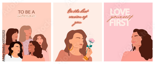 Set of Illustrations of abstract beautiful women portrait with different skin colors. Poster for International Women's day, Girl power concept, Struggle for equality, freedom, independence.