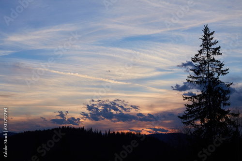 Beautiful landscape with colorful sky in the mountains during sunset