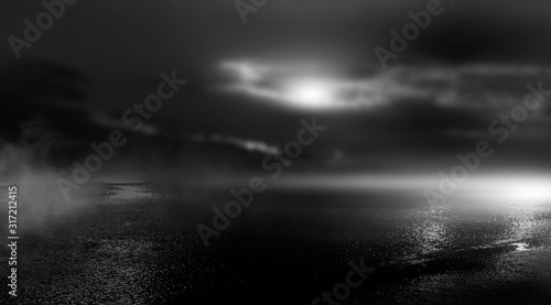 Futuristic night landscape with abstract landscape and island, moonlight, shine. Dark natural scene with reflection of light in the water, neon blue light. Dark neon background. 