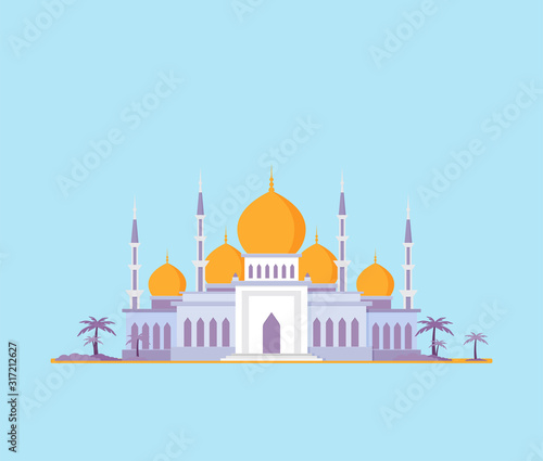 Mosque Building Muslim Religion Flat Vector Illustration