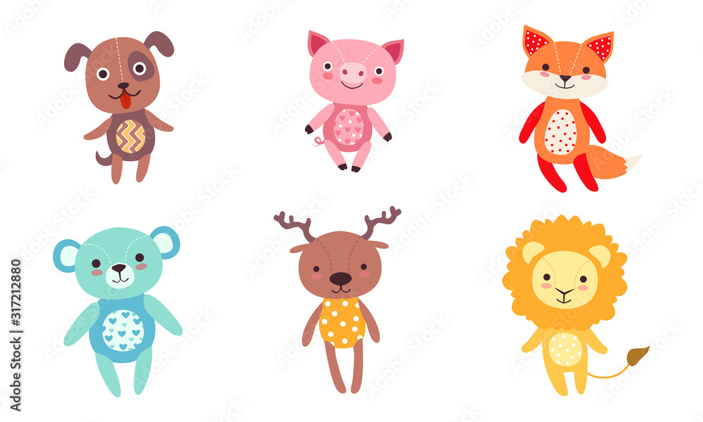 Obraz premium Cute Toy Animals Collection, Dog, Pig, Fox, Bear, Deer, Lion Vector Illustration