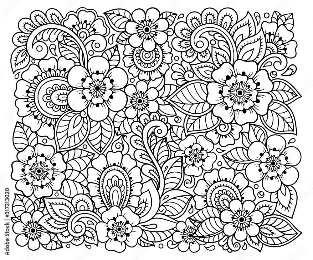 Plakat Outline square floral pattern in mehndi style for coloring book page. Antistress for adults and children. Doodle ornament in black and white. Hand draw vector illustration.