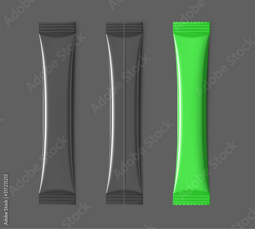 Realistic stick pack for products of the food and cosmetic industry on black background. Vector illustration. Possibility use for granulated, powder products. Coffee, 3 in 1, sugar. EPS10.