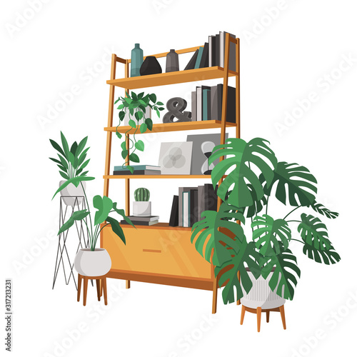 Scandinavian style interior vector fragment. A bookcase full of books in the Art Nouveau style, plants and vases are on the shelf. Surrounded by home plants.