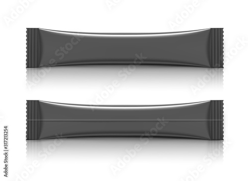 Realistic black stick pack for products of the food and cosmetic industry on white background. Vector illustration. Possibility use for granulated, powder products. Coffee, 3 in 1, sugar. EPS10.