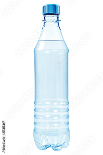 Closed blue plastic bottle of drinking water on white background. New plastic bottle with closed lid, filled with water, on isolated background. Closed PVH container with transparent liquid