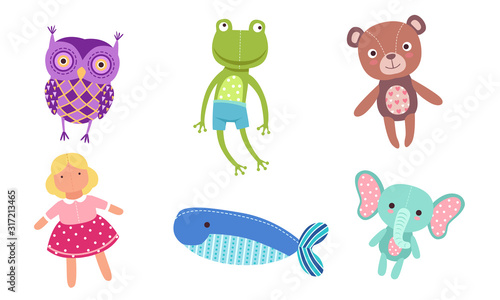 Cute Toy Animals Collection, Owl, Frog, Bear, Doll, Whale, Elephant Vector Illustration