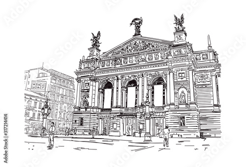 Ukraine. Lviv National Academic Opera and Ballet Theater named after Solomiya Krushelnytska. City street in autumn day. Vector drawing in the style of mascara and feather.