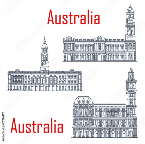 General post office of Melbourne, Adelaide Town hall buildings. Vector architecture of Australia, Adelaide post landmark. Victorian heritage register, town halls