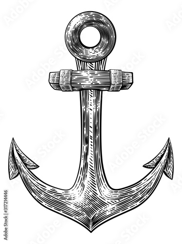An anchor from a boat or ship tattoo or retro style woodcut etching drawing in a vintage style