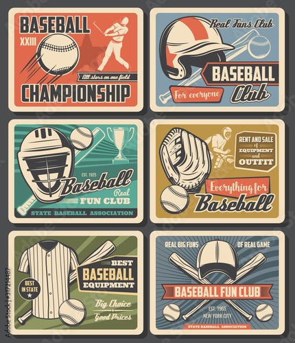 Baseball sport fun clubs and equipment, rent, sale. Vector flying ball and player, sporting items and sportsman uniform. vintage style championship tournament cards, player with bat and glove