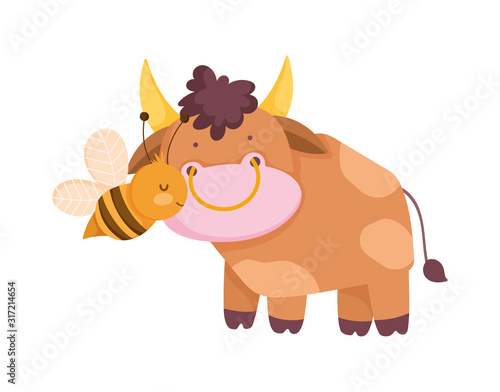 bull and flying bee farm animal cartoon