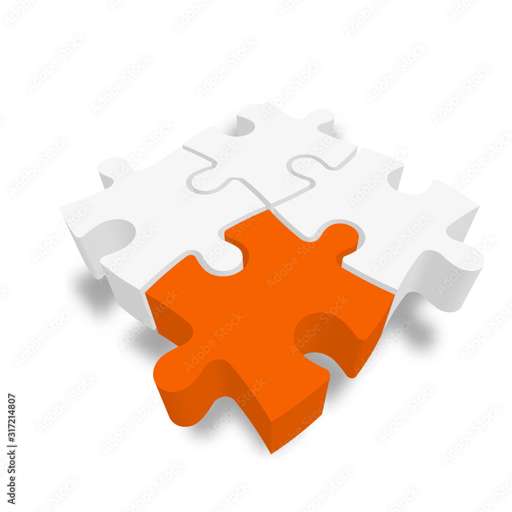 3D jigsaw puzzle pieces. White pieces with one orange highlighted. Team cooperation, teamwork or solution business theme. Vector illustration with dropped shadow 3D jigsaw puzzle pieces. White pieces with one orange highlighted. Team cooperation, teamwork or solution business theme. Vector illustration with dropped shadow