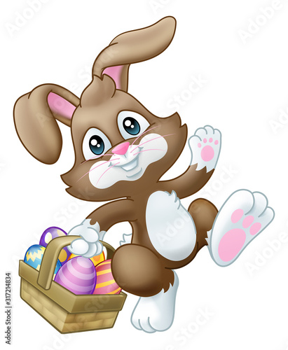 Easter bunny rabbit cartoon character holding a basket full of painted Easter eggs