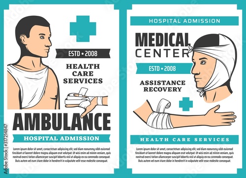 Ambulance, medical health care service. Vector hospital admission, assistance recovery, bandaging, first aids at traumas. Emergency wards, facial, arm, fingers and chest bandages, traumatology