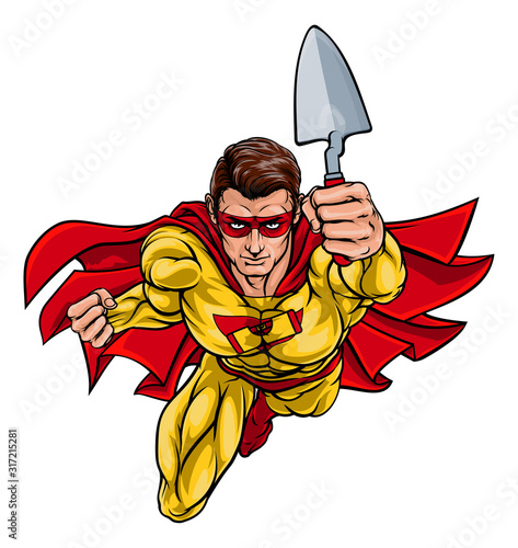 A super bricklayer or builder hero superhero holding a trowel tool