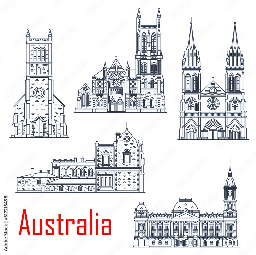 Australian isolated vector landmarks. Vector St. Peter Cathedral, Melbourne town hall, Old Parliament Adelaide, St. Francis Xavier Cathedral. Holy Trinity church Adelaide