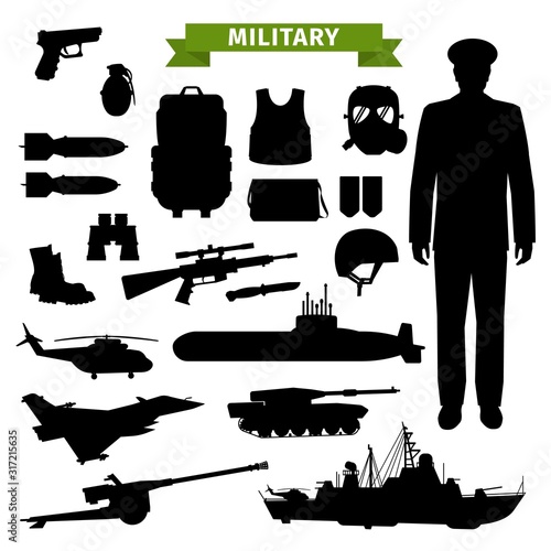 Fototapeta Military ammunition, transport, gun and officer isolated black silhouettes