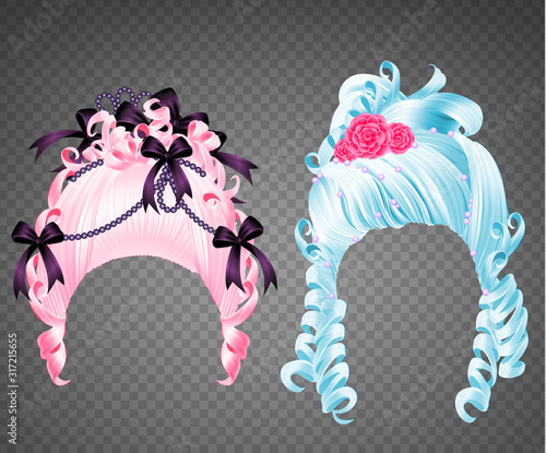 Woman wigs rococo set. Girl curly blue and pink vintage princess hairstyle with flowers, beads and ribbons for wedding or carnival isolated on transparent background, realistic 3d vector illustration