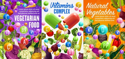 Vegetarian food, vitamins complex and natural vegetables. Vector capsules with D, B, E, C multivitamins, healthy veggies. Beetroot and cabbage, cauliflower and carrot, tomato, broccoli and eggplant