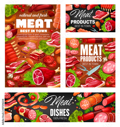 Meat products, vector pork and beef, sausages, mutton and veal, bacon and ham, ribs and barbeque steaks, tenderloin and sirloin, ham and seasonings. Vector butchery food on board, kitchen cutlery