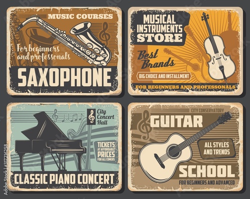 Saxophone and guitar, classic piano and violin musical instruments, retro vector. Music notes silhouette, tickets on concert. Music school courses and musical instruments store