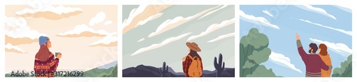 Set of people looking at sky colored vector illustration. Concept of opportunity observation, inspiration and romantic. Backpacker traveling cartoon composition