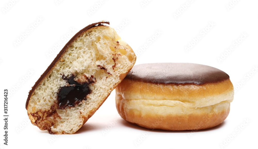 Doughnuts with chocolate cream icing isolated on white background Doughnuts with chocolate cream icing isolated on white background