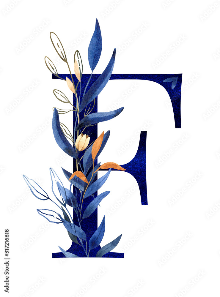 Watercolor floral monogram (letter) - classic blue decorated with gold flowers and branches