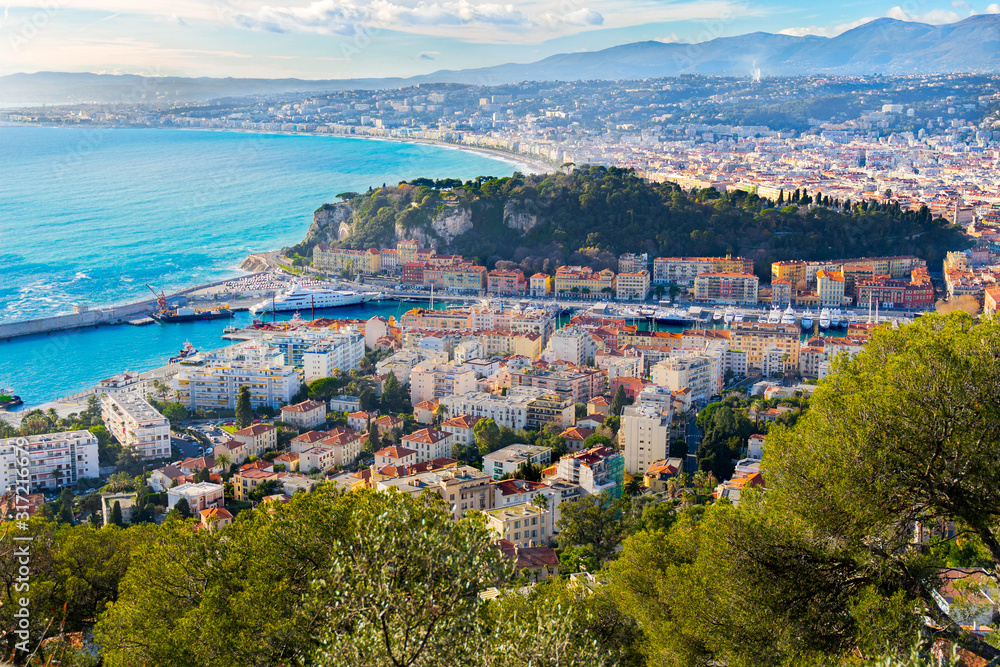 scenery panoramic aerial cityscape view of Nice, France. Landscape of harbor, port in Nice. Cote d'Azur France. Luxury resort of French riviera