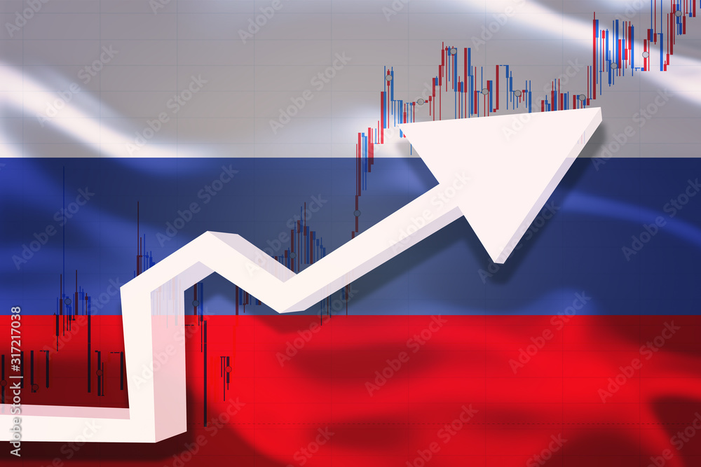 Fototapeta Russia growth chart. White 3D arrow and stocks chart grows up on the background of waving flag of the country.