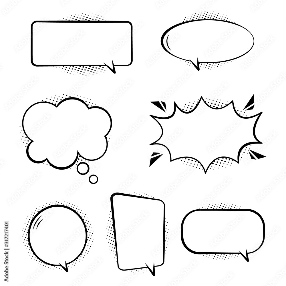 Naklejka premium Set of comic speech bubbles. Retro empty bubbles with black halftone shadows on transparent background. Effects in pop art style. White set bubbles for talk and message. Isolated fun balloons. Vector.