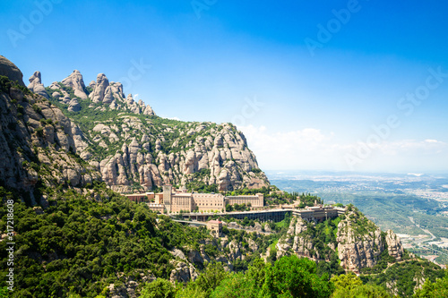 Panoramic views of the mountains and Montserrat Monastery, Catalonia, Barcelona, Spain. Beautiful landscape