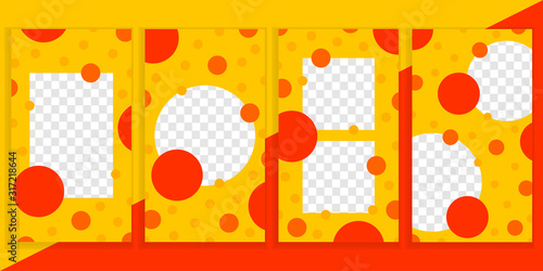 Set of editable social network stories template. Bright yellow background with orange and red circles.