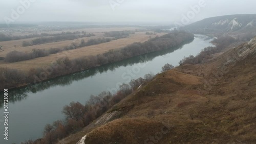 Cretaceous mountains in late autumn. Hiking and flying over the mountains.