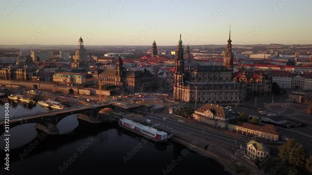 Aerial Drone Shot of Dresden Cityscape at Sunrise With Golden Light on the Buildings and Architecture, Aerial Drone Shot of Dresden Cityscape at Sunrise With Golden Light on the Buildings and Architecture,