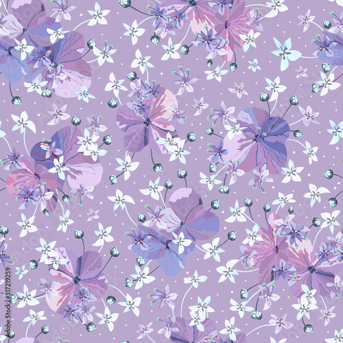 Floral vector lilac colors seamless pattern. Purple flowers with buds and small light blue florets.
