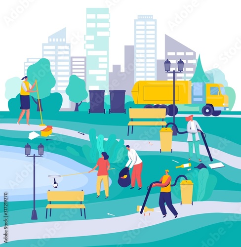 People cleaning city park, cartoon characters vector illustration