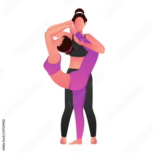 Yoga Trainer Practicing to Woman in Natarajasana Pose.