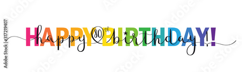 Rainbow-colored vector brush calligraphy HAPPY 80th BIRTHDAY! banner with swashes