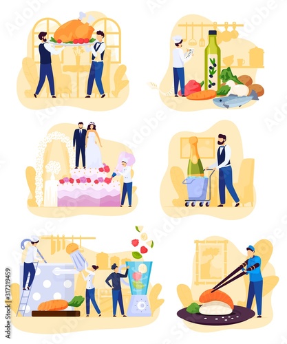 Restaurant people cooking and catering, cartoon characters vector illustration