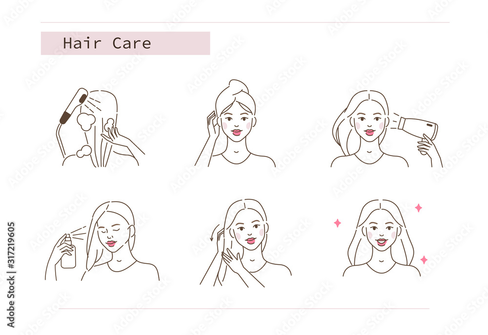 Beauty Girl Take Care of her Hair and Applying Treatment Spray. Woman Washing, Drying Hair with Towel and Hairdryer.  Beauty Care Routine and Procedures. Flat Line Vector  Illustration and Icons set.
