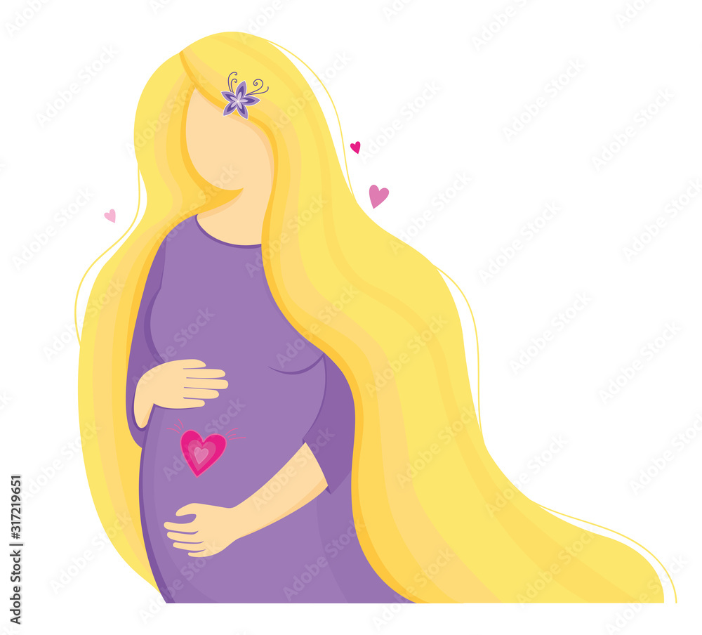 Pregnant happy woman with a baby in her belly, greenery around, cartoon  character, pretty lady with love to her motherhood. Poster in hospital,  maternity home, birthing center, Mother's Day card 6895894 Vector