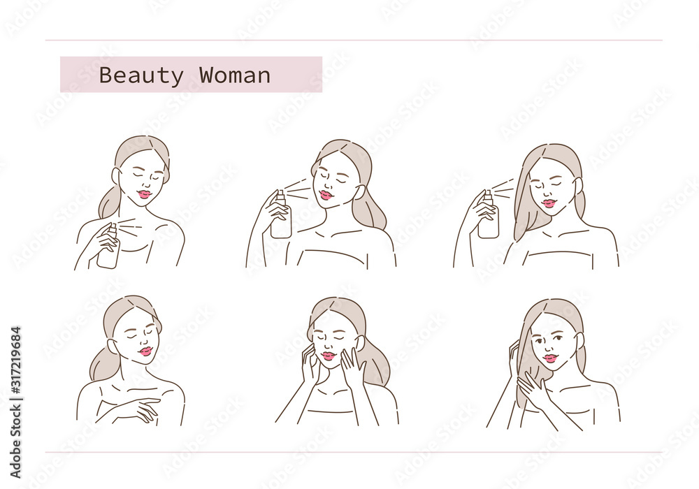 Beauty Girl Take Care of her Face, Body and Hair. Woman Applying Beauty Treatment Products. Skin Care Routine, Hygiene and Moisturizing Concept. Flat Vector Illustration and Icons set.