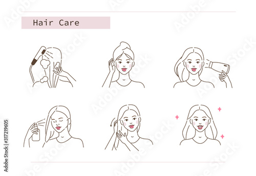 Beauty Girl Take Care of her Hair and Applying Treatment Spray. Woman Washing, Drying Hair with Towel and Hairdryer.  Beauty Care Routine and Procedures. Flat Line Vector  Illustration and Icons set. © Irina Strelnikova